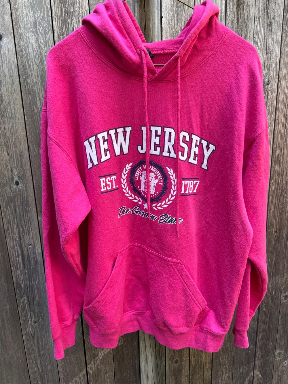 Pink "New Jersey" Pullover Hoodie with Front center pocket